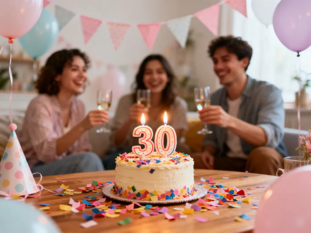 Tort z zapalonymi świeczkami „30” na stole, wokół konfetti, balony i goście w tle świętujący trzydzieste urodziny.