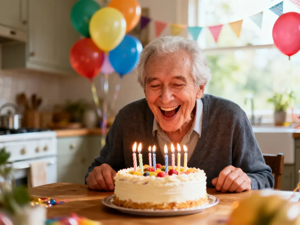 Uśmiechnięty 70-latek zdmuchuje świeczki na torcie przy kuchennym stole, w tle balony i dekoracje urodzinowe.