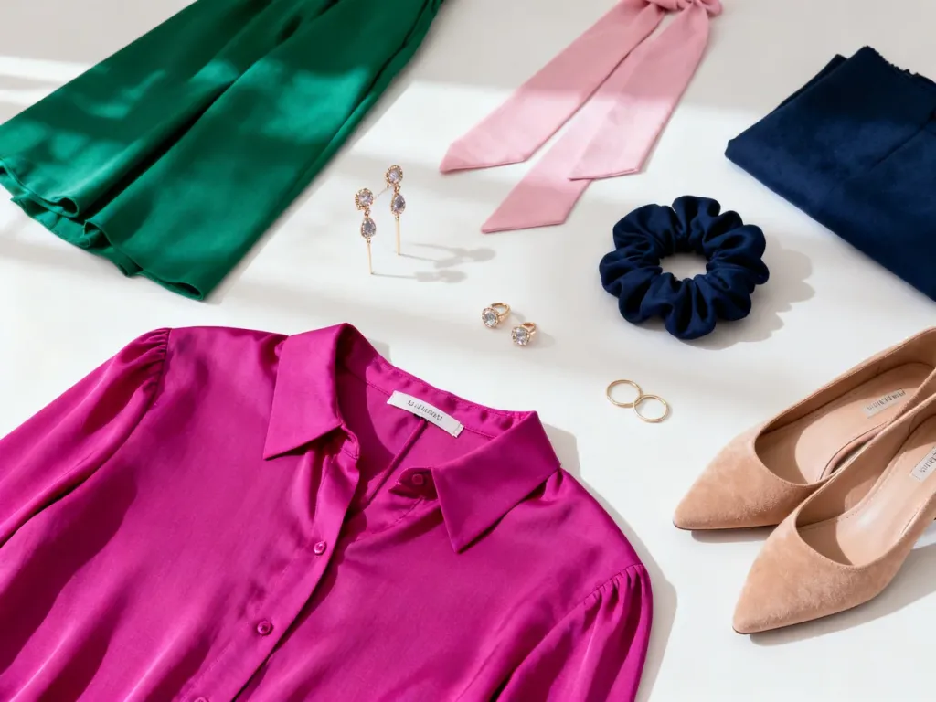Elegancka stylizacja z fuksjową bluzką zestawioną z dodatkami w kolorach szmaragdowej zieleni, różu, granatu i beżu.
