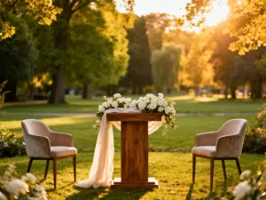 Elegancki, pusty dokument z pieczęcią, piórami i białymi różami na biurku, symbolizujący przygotowania do ślubu.
