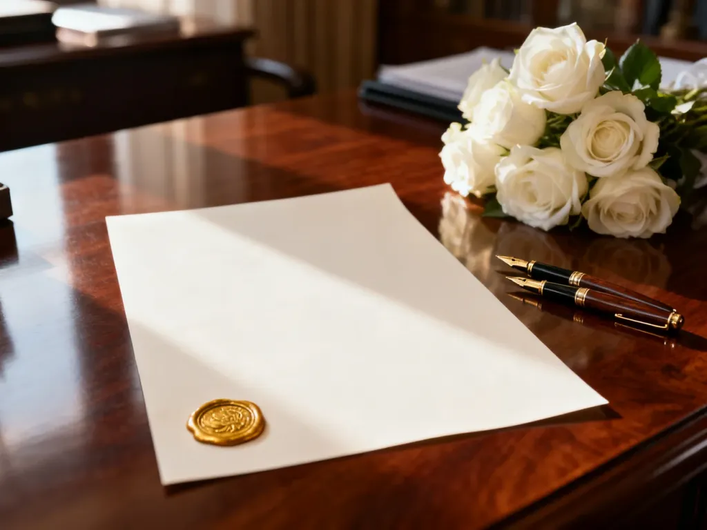 Elegancki, pusty dokument z pieczęcią, piórami i białymi różami na biurku, symbolizujący przygotowania do ślubu.