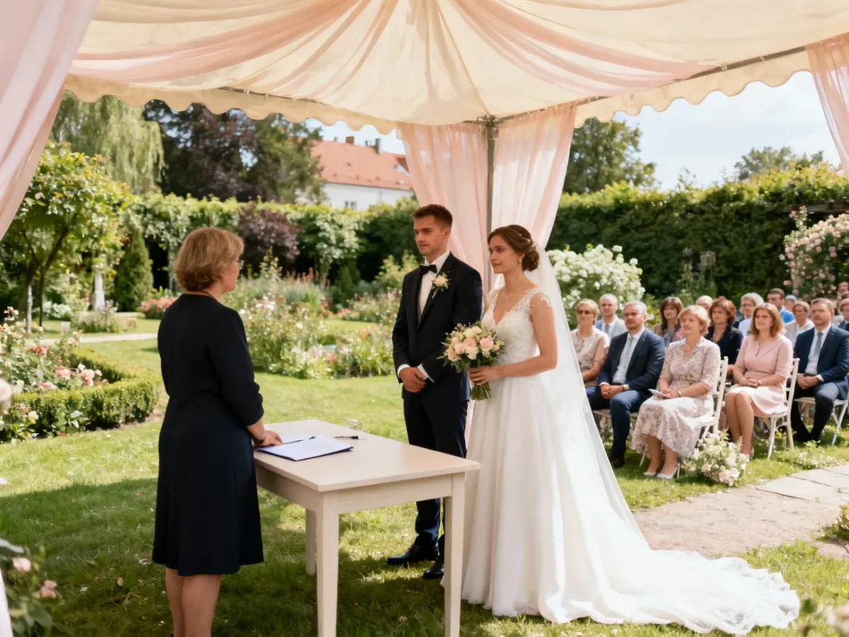 Ceremonia ślubu cywilnego w plenerze z parą młodą, urzędnikiem i gośćmi