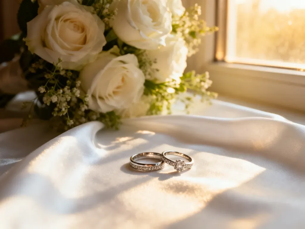 Eleganckie obrączki ślubne na białym jedwabiu w otoczeniu białych róż, symbolizujące zawarcie związku małżeńskiego.