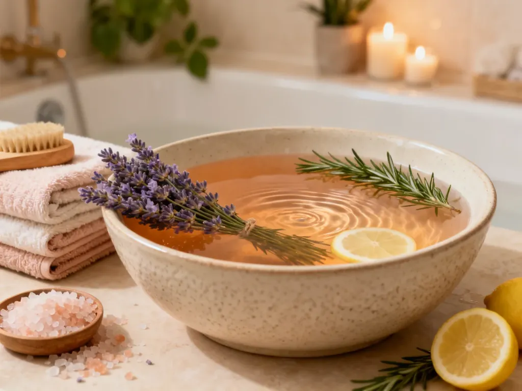 Miska z wodą, solą morską, lawendą i cytryną przygotowana do relaksującej kąpieli stóp w domowym spa.