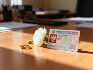 Elegancka sala weselna z pięknie nakrytym stołem, udekorowanym białymi różami i eukaliptusem w świetle poranka.