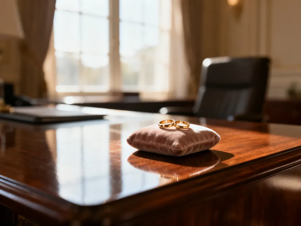 Eleganckie wnętrze urzędu stanu cywilnego z obrączkami na aksamitnej poduszce, symbolizujące przygotowania do ślubu.