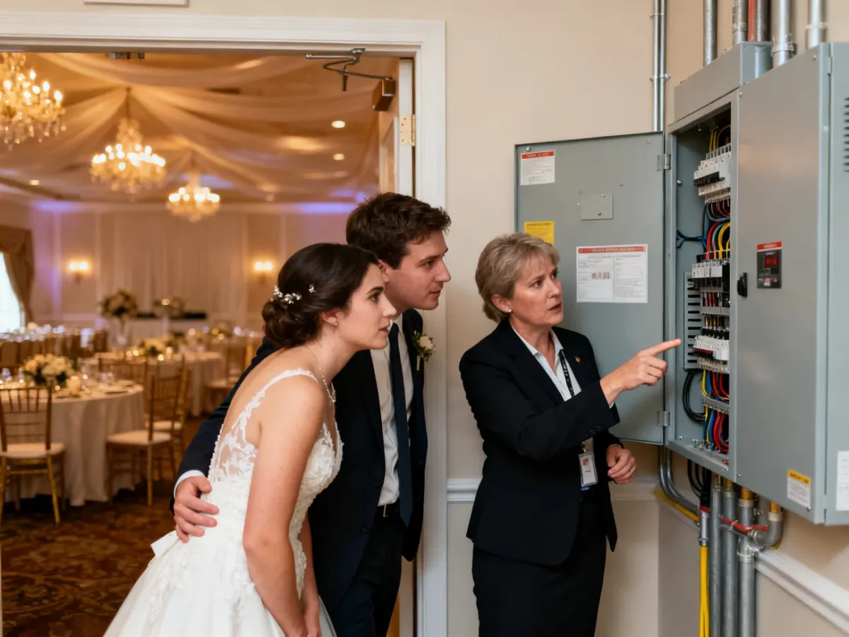 Para sprawdzająca instalacje techniczne w sali weselnej