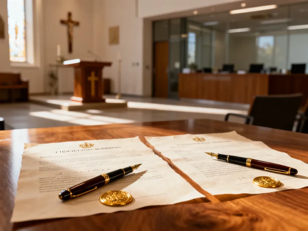 Dokumenty ślubu cywilnego i konkordatowego z piórami na drewnianym stole, symbolizujące prawne aspekty zawarcia małżeństwa.