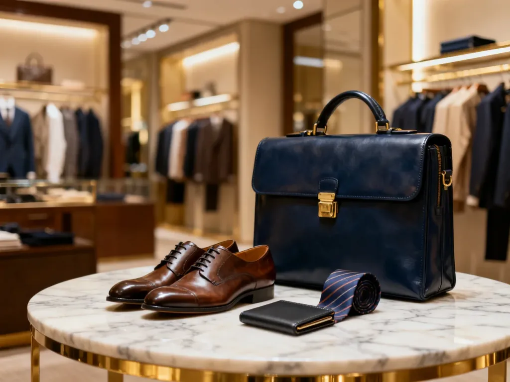 Eleganckie męskie akcesoria, takie jak skórzana aktówka, buty i krawat, wyeksponowane w luksusowym wnętrzu butiku Pako Lorente.