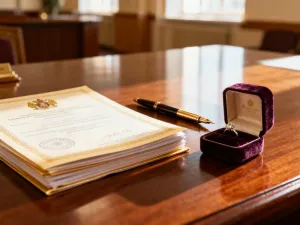 Złote obrączki ślubne leżące na podpisanej umowie prawnej, symbolizujące kwestie formalne związane z organizacją ślubu.