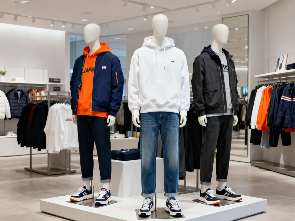Ekspozycja odzieży marki Superdry w nowoczesnym sklepie, prezentująca kurtki, bluzy i sneakersy w miejskim stylu.