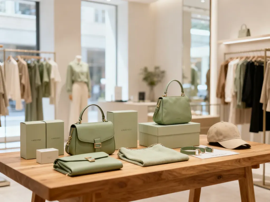 Elegancka ekspozycja stylowych akcesoriów modowych i opakowań na drewnianym stole w nowoczesnym butiku.