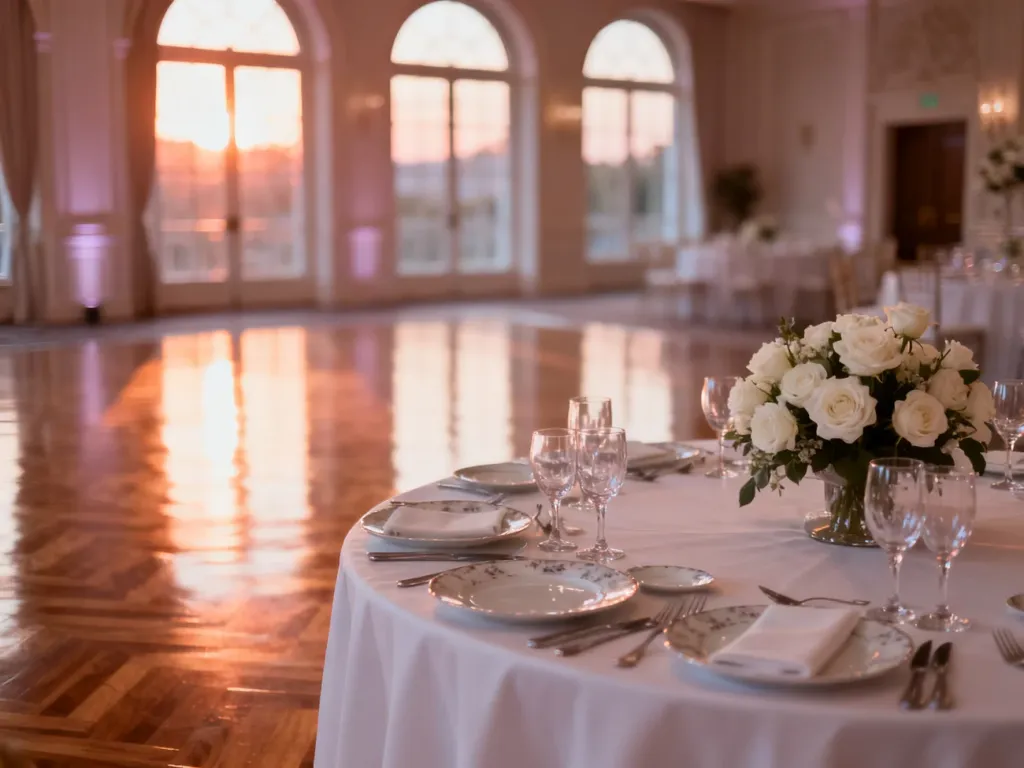 Elegancka sala weselna z nakrytym stołem i kwiatami, oświetlona ciepłym światłem zachodzącego słońca.