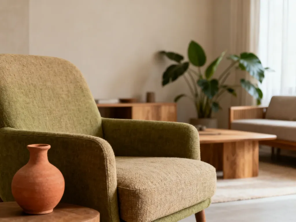 Elegancki salon w odcieniach fango, beżu i oliwkowej zieleni z fotelem oraz ceramicznym wazonem na pierwszym planie.