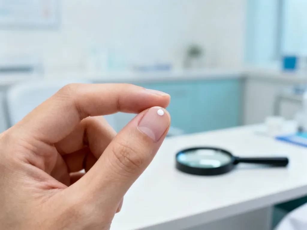 Zbliżenie na dłoń z widoczną białą plamką na paznokciu w profesjonalnym gabinecie dermatologicznym.