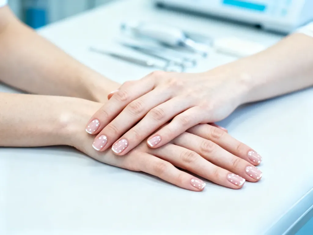 Zbliżenie na dłonie z widocznymi białymi plamkami na paznokciach w gabinecie dermatologicznym.