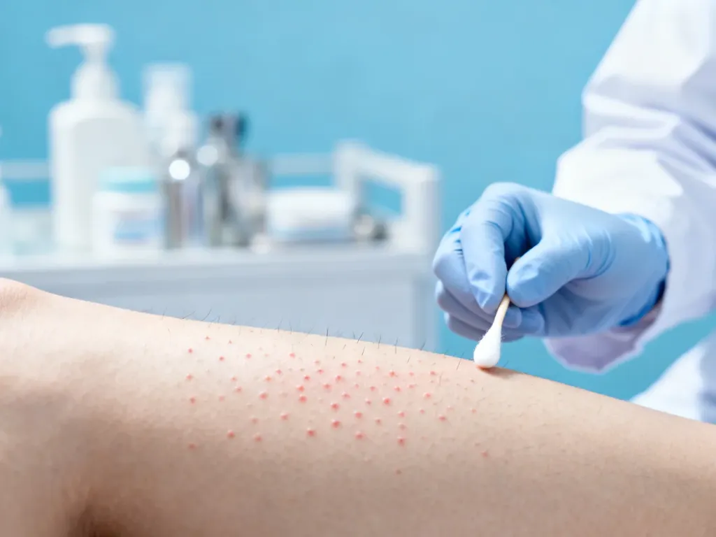 Dermatolog nakłada preparat leczniczy na skórę z objawami zapalenia mieszków włosowych w profesjonalnym gabinecie.