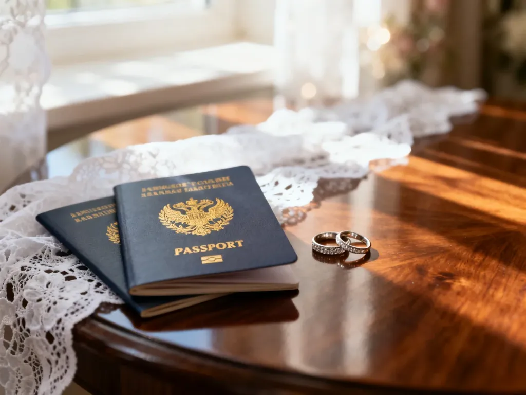 Dwa paszporty leżące obok eleganckich obrączek ślubnych na koronkowej tkaninie, symbolizujące formalności przed ślubem międzynarodowym.