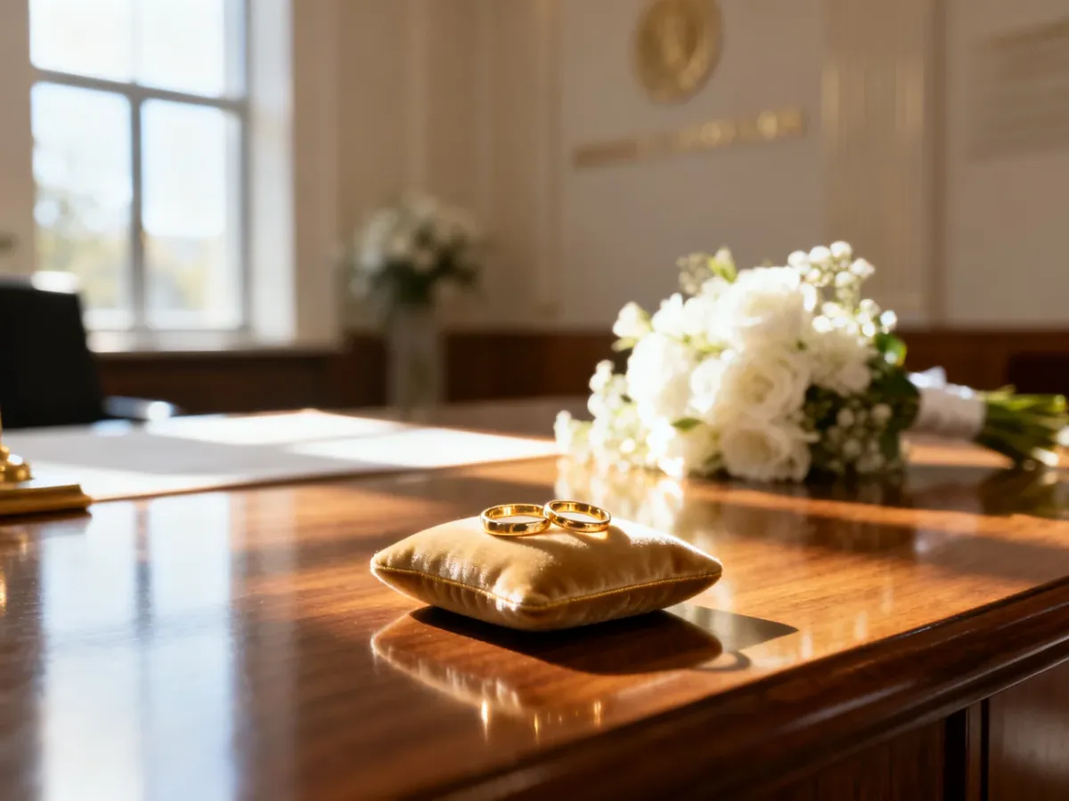 Złote obrączki ślubne na aksamitnej poduszce w eleganckim wnętrzu urzędu stanu cywilnego.